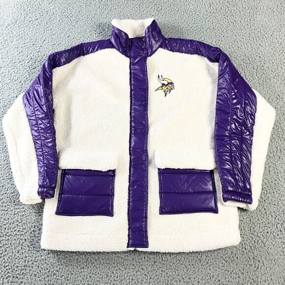 G III 4Her Minnesota‎ Vikings Jacket Womens Medium White Sherpa Fleece Full Zip - Picture 1 of 9